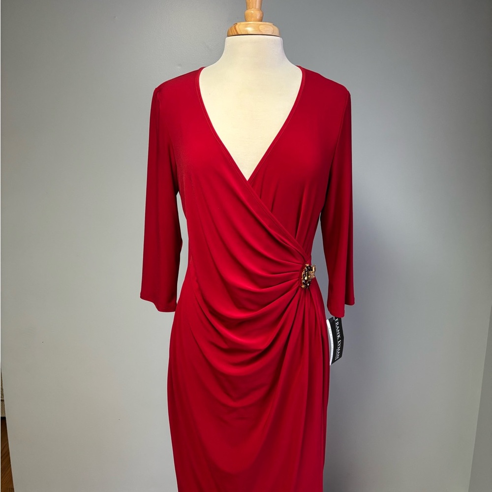 Frank Lyman Design Red Ruched Dress with V-Neck and 3/4 Sleeves 14 NWT